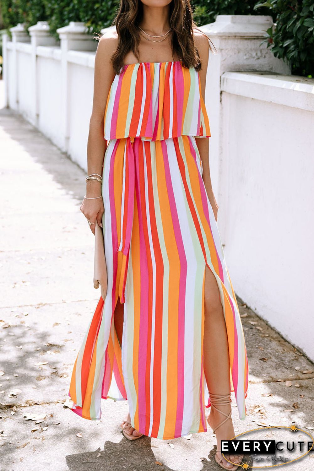 Stripe Overlay Strapless Maxi Dress with Slits