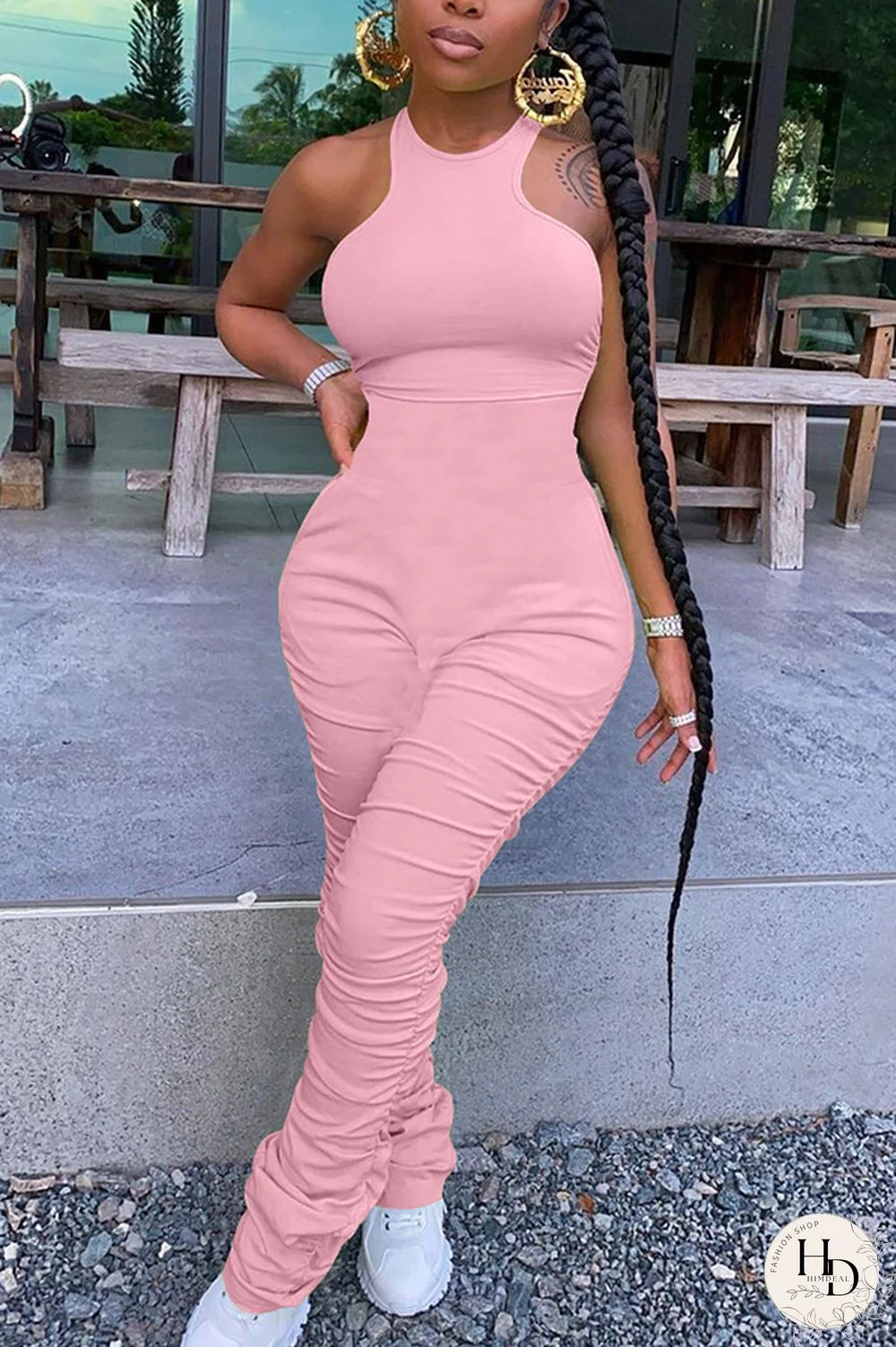 Pink Fashion street Patchwork Solid Draped Polyester Sleeveless O Neck Jumpsuits