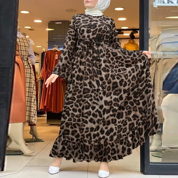 Women Muslim Dubai Islam Kaftan Flota Robe Leopar Printed Baggy Ruffle Hem Elegant Maxi Dress