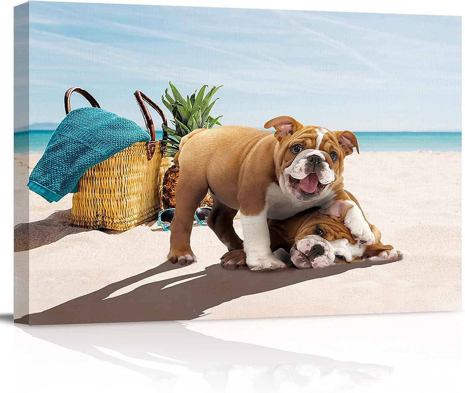 DoremiHome Beach Pet Dog Canvas Wall Art, No Frame Canvas Art Oil Painting for Living Room Bedroom Kitchen Dinning Room Office Home Decor 32x24inch - French Bulldog Playing On The Beach 32x24 inch