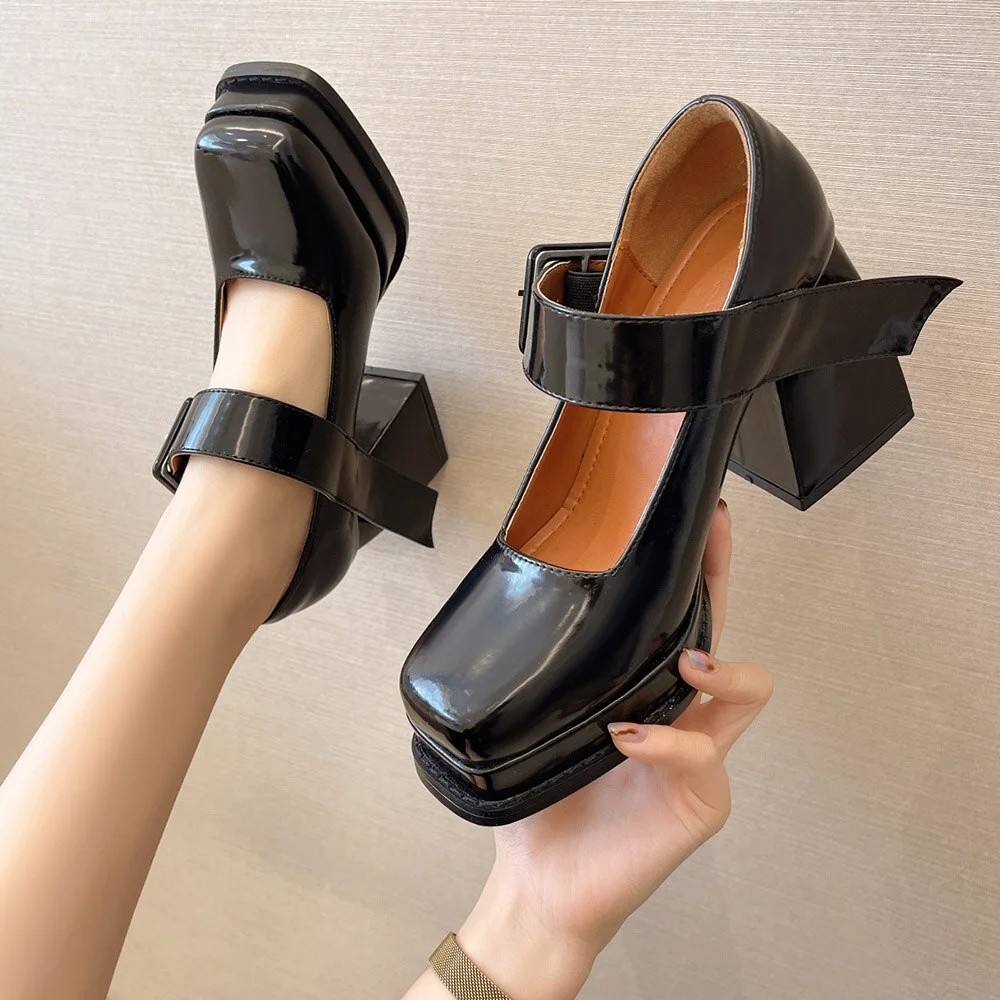 Qengg Jane High Heels Shoes Women Square Toe Chunky Platform Pumps Women Retro Fashion One Strap Buckle Leather Shoes 2022 autumn