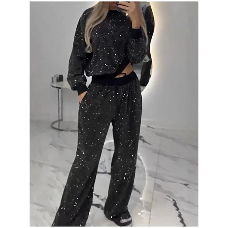 🎅Early Xmas Sales🎄Sequined Loose Fit Top and Wide Leg Pants (2-Piece Set)