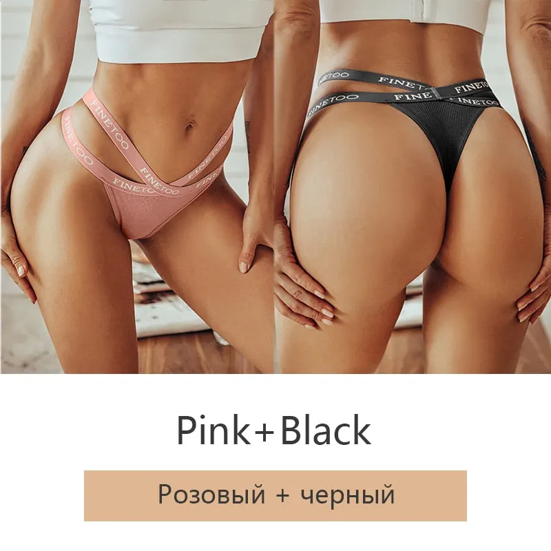 FINETOO 2Pcs/set Sexy Thongs Women Cotton G-string Panties Letter Bikini Underwear Girls Cross Belt Low-rise Underpants Lingerie