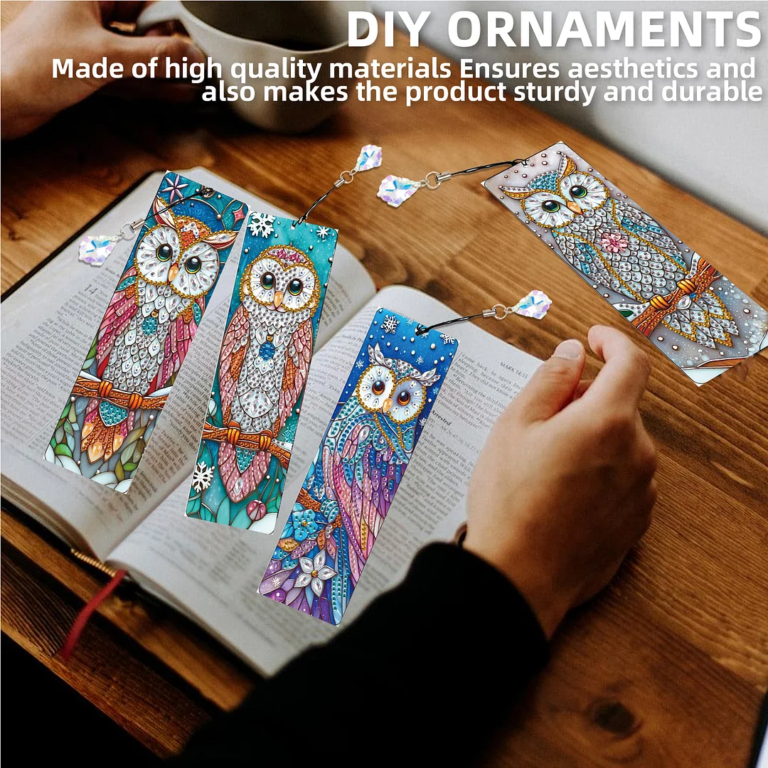 4Pcs Owl DIY Diamond Bookmark Art Projects Irregular Shaped Diamonds Diamond Painting Art Bookmarks with Crystal Pendants for DIY Making Beginners Adult Art Craft Supplies