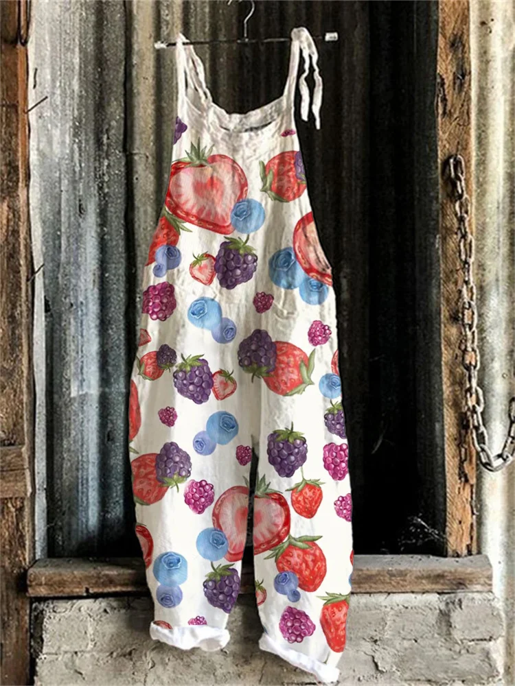 Women's Cute Print Linen Blend Casual Jumpsuit