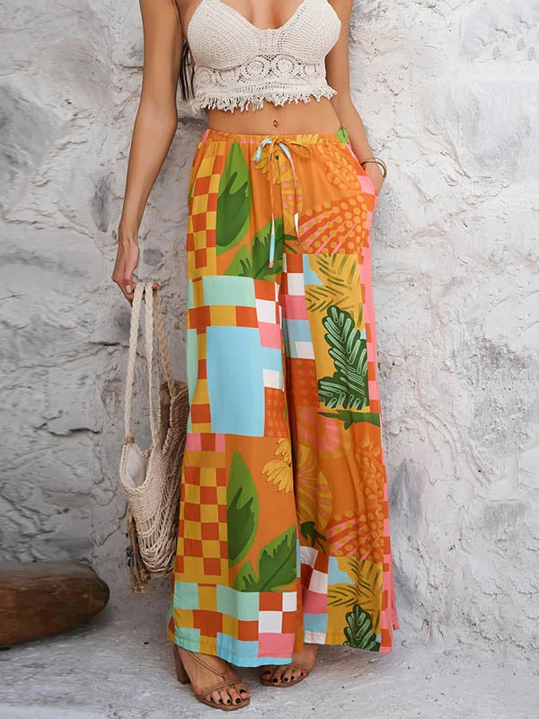 High Waisted Loose Contrast Color Drawstring Pockets Pants Trousers