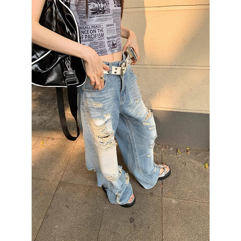 Bonushim Women's Blue Baggy Ripped Jeans Harajuku Oversize Denim Trousers Japanese 2000s Style Y2k Vintage Jean Pants Trashy Clothes 2025