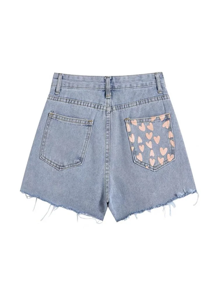 Casual High Waist Denim Short Women Summer Chic Pocket Printing Tassel Hole Ripped Jeans Short Femme Short Pants Women Harajuku