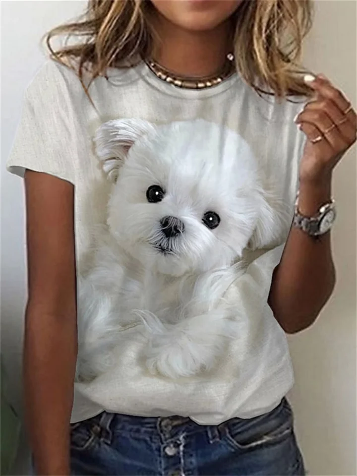 White Women's Round Neck Top Pattern Dog 3D Print Women's Short-sleeved T-shirt-Cosfine