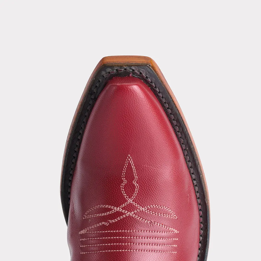 Red Embroidered Stacked Heel Snip Toe Mid-Calf Cowgirl Boots for Women