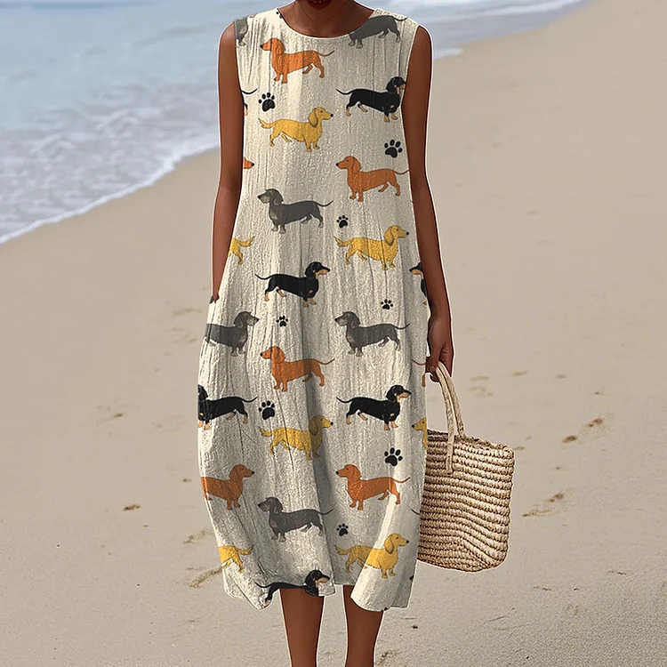 Women's Vintage Dachshund Dog Art Print Linen Tank Midi Dress