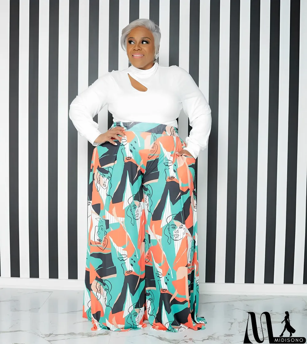 MidiSono - Casual Women'S Cutout Long Sleeve Top Pocket Print Wide Leg Pants Plus Size Fashion Casual Two Piece Pants Set