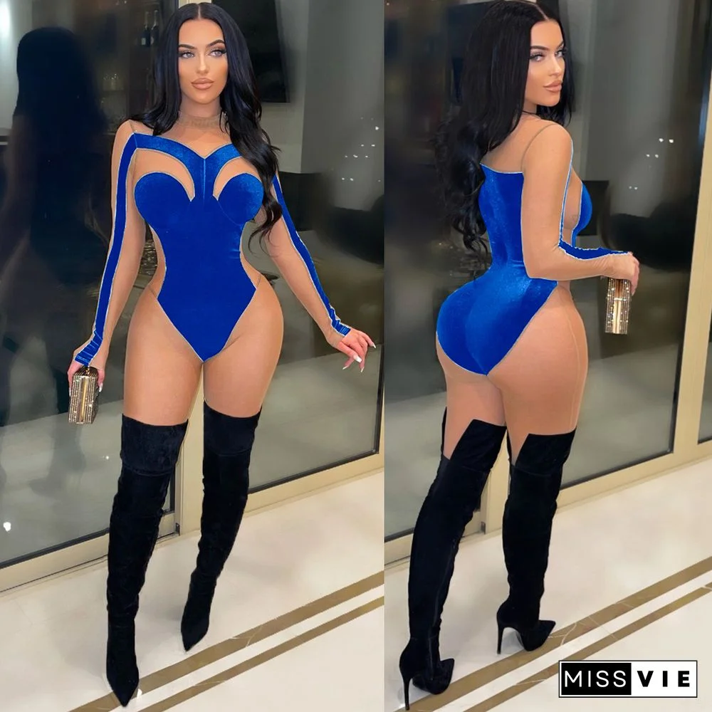 Sheer Mesh Patchwork Velvet Skinny Jumpsuit