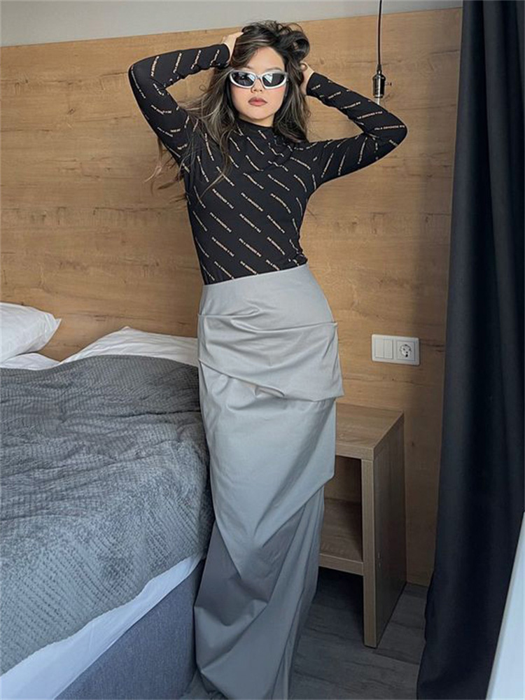 Ootddress Summer For Women Split Y2K Pencil Skirts Bodycon High Waist Solid Fashion Ladies Streetwear Pleated Irregular Maxi Skirt