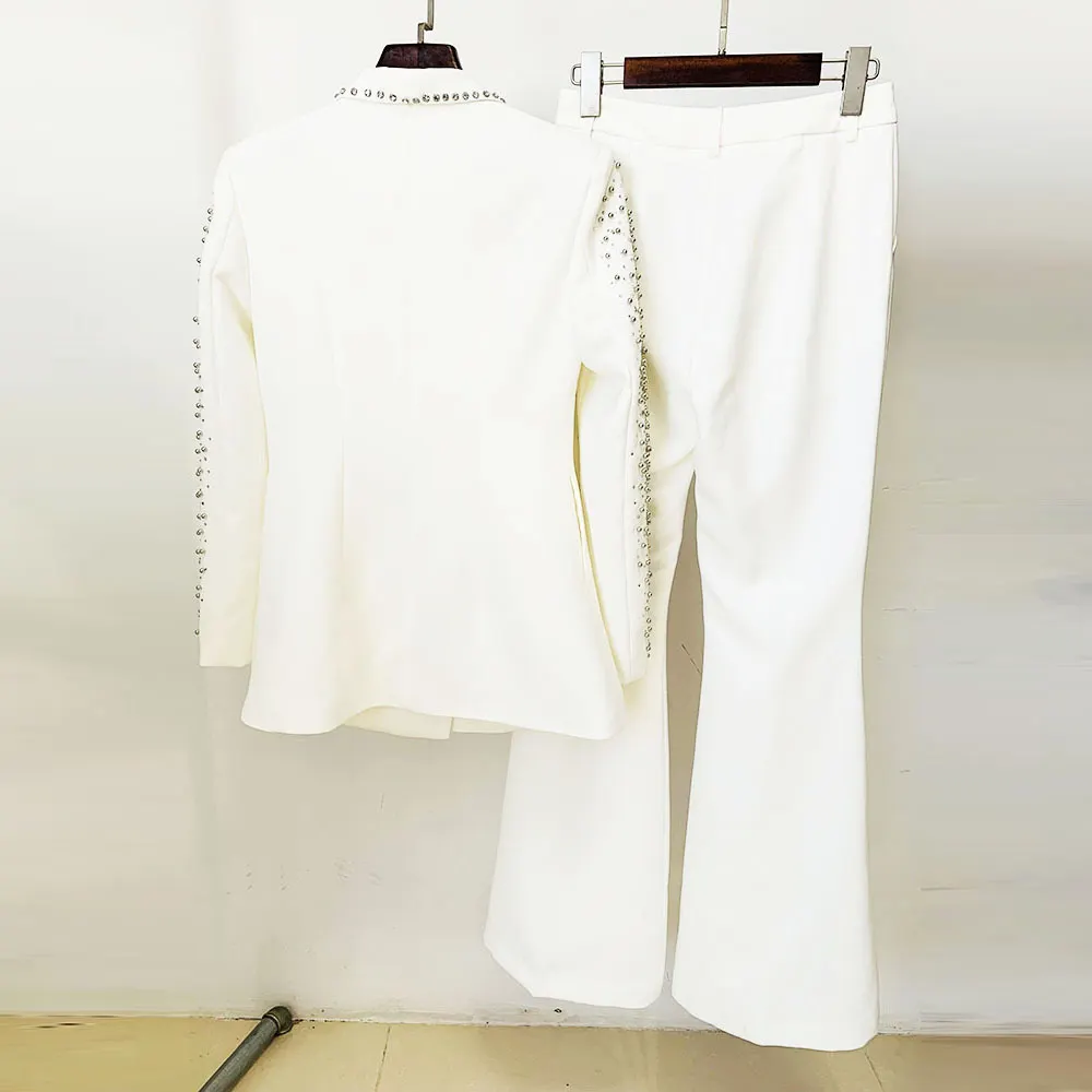Nigikala Nigikala New Fashion Heavy Industry Nails Studded Suit Jacket Open Fork Trousers Set Two Sets