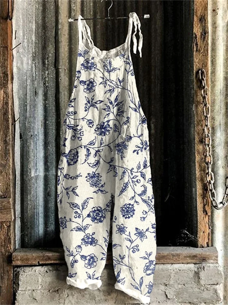 Utbros Women's Blue Floral Print Linen Blend Jumpsuit