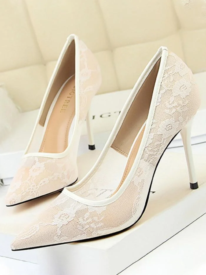 Sexy stiletto high heel shallow mouth pointed toe mesh hollow lace single shoes