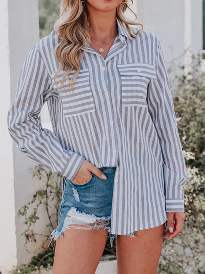 Ladies Cotton Linen Washed Water Stripe Single Breasted Long Sleeve Shirt