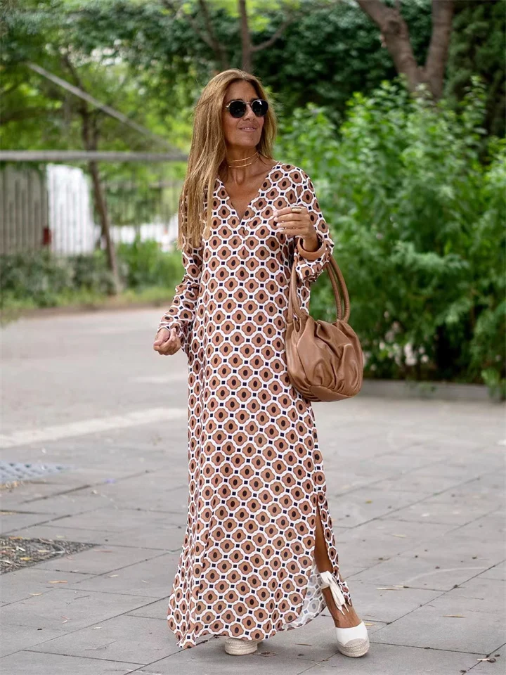 Women's Long Dress Maxi Dress Casual Dress Satin Dress Print Dress Geometric Streetwear Modern Outdoor Daily Holiday Split Print Long Sleeve V Neck Dress Regular Fit Yellow Wine Red Summer Spring S M