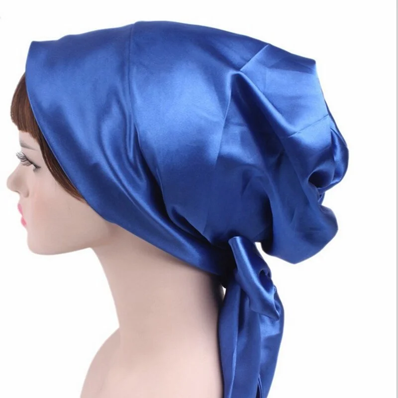 New Soft Silk Women Night Sleep Head Wear Shower Wrap Cap Adjustable Ladies Long Hair Care Bonnet Scraf Satin Hat Accessories