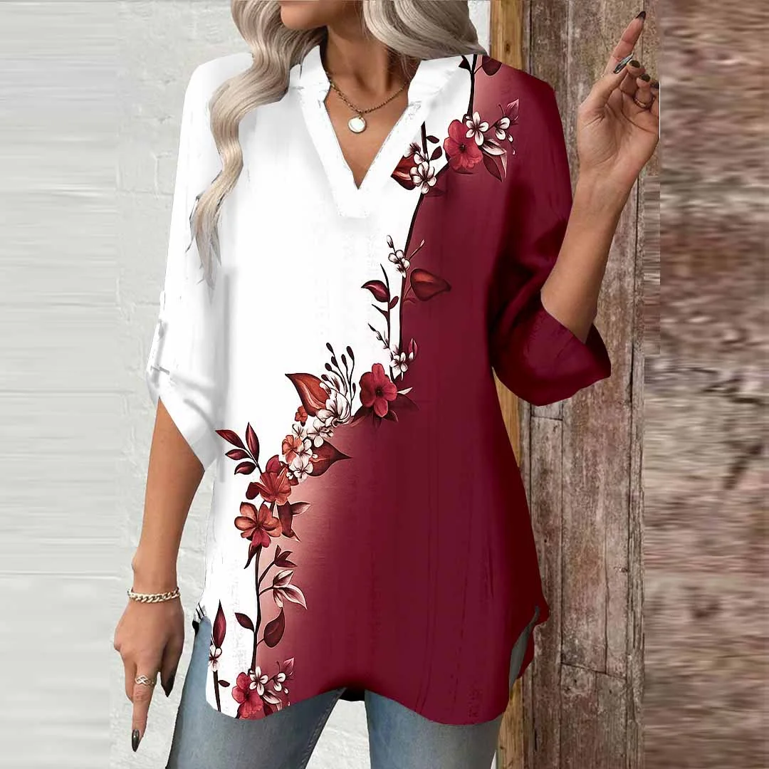 Women Floral, Burgundy DZGA0763 3/4 Sleeve V-neck Printed Graphic Button Tops