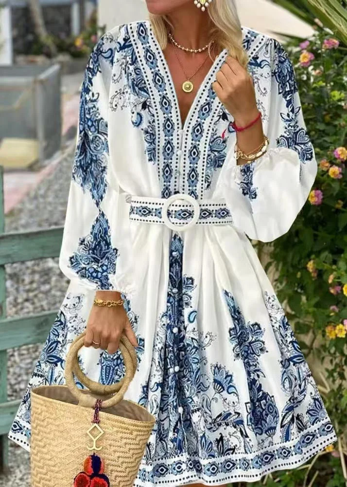 French White Print Cotton Tunic Dress Lantern Sleeve