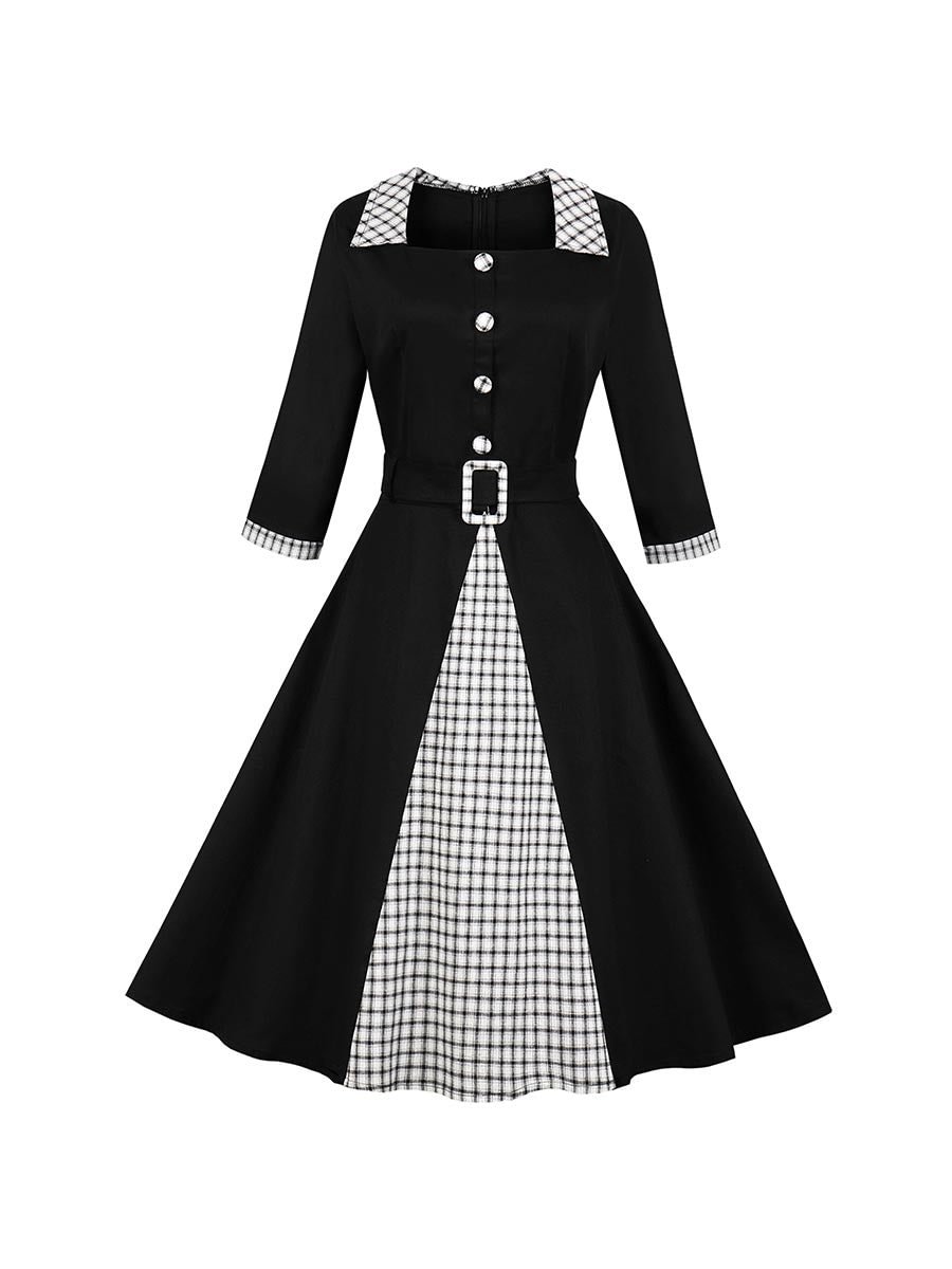Vintage Dress Lapel Plaid Stitching Swing Dress With Belt