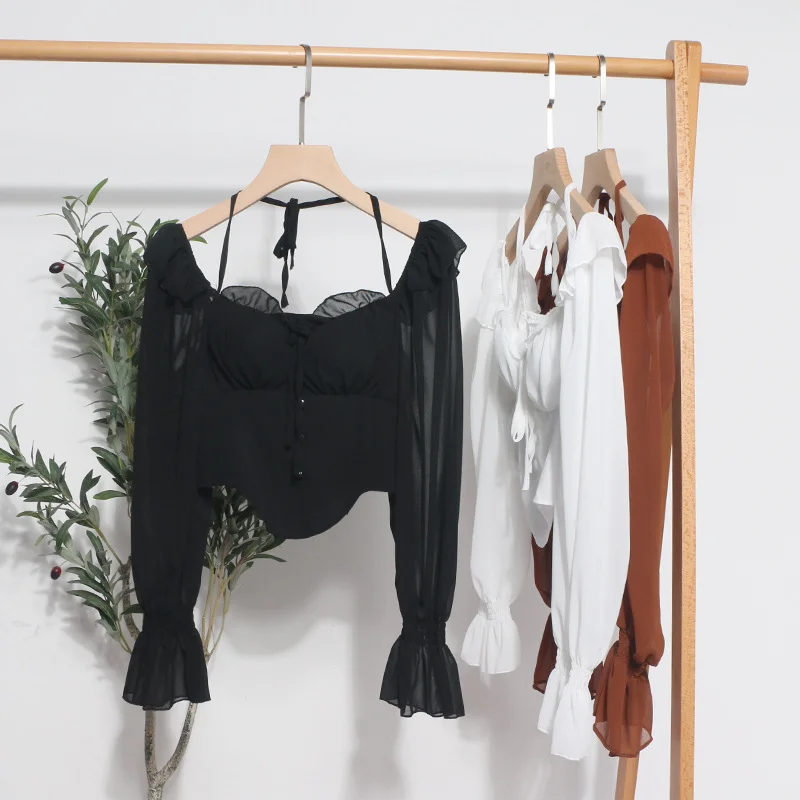 Uveng Spice Girls Shoulder-Mounted Neck With Long-Sleeved Chindal Wooden Ear-Deared Shirt Short With Chest Cushion Top 8873