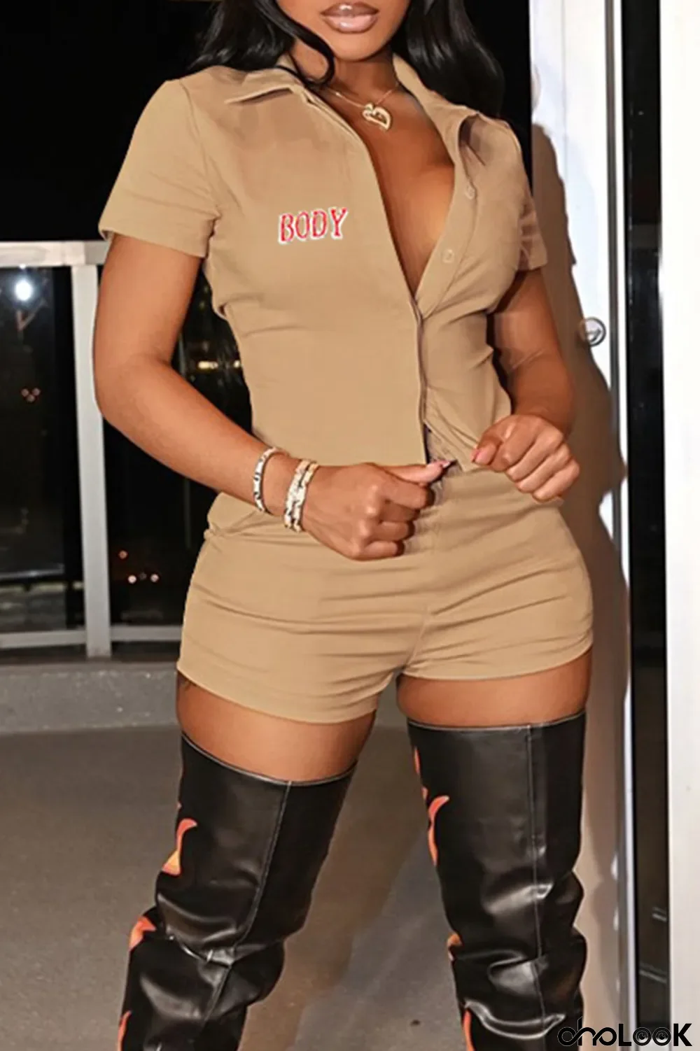 Water Blue Casual Print Letter Turndown Collar Short Sleeve Two Pieces