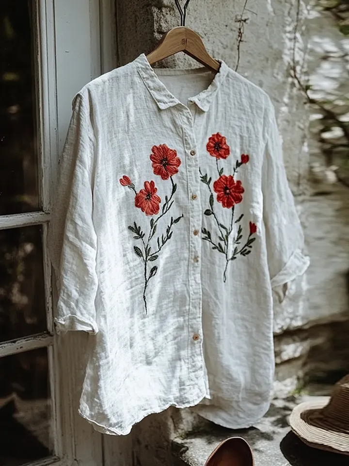 Vintage Floral Embroidery Art Lapel Button Loose Blouse