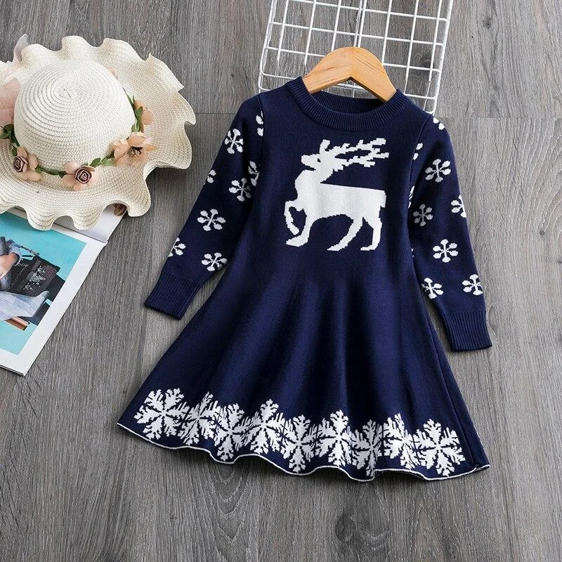 Knitted Sweater Dress for Girls Autumn Winter Clothes Ribbed Long Sleeve Kids Party Costume Casual Wear Princess Christmas Dress