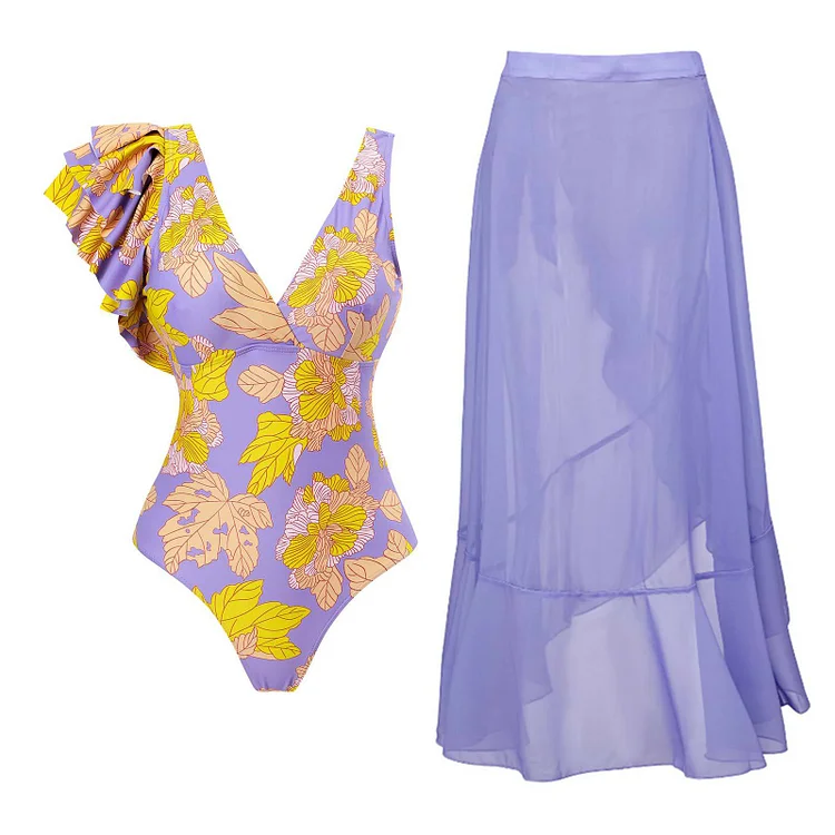 VChics Home Print Strap Solid Color Beach Dress Two-Piece Swimsuit