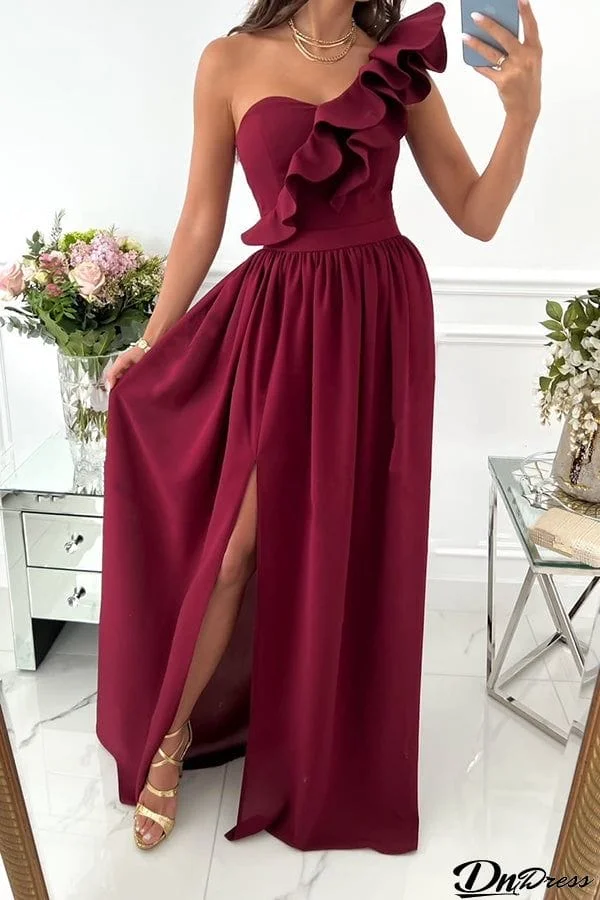 Sleeveless Off-Shoulder Ruffle Hem Slit Dress