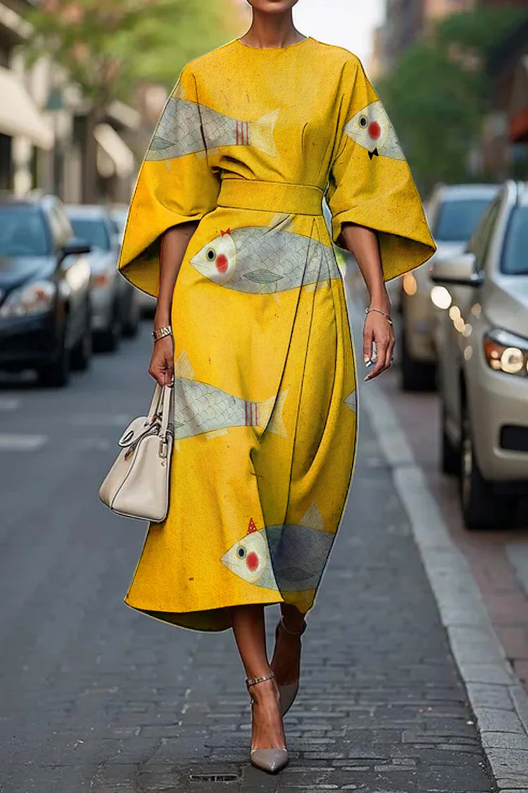 Women's Vintage Sardines Art Print Midi Dress