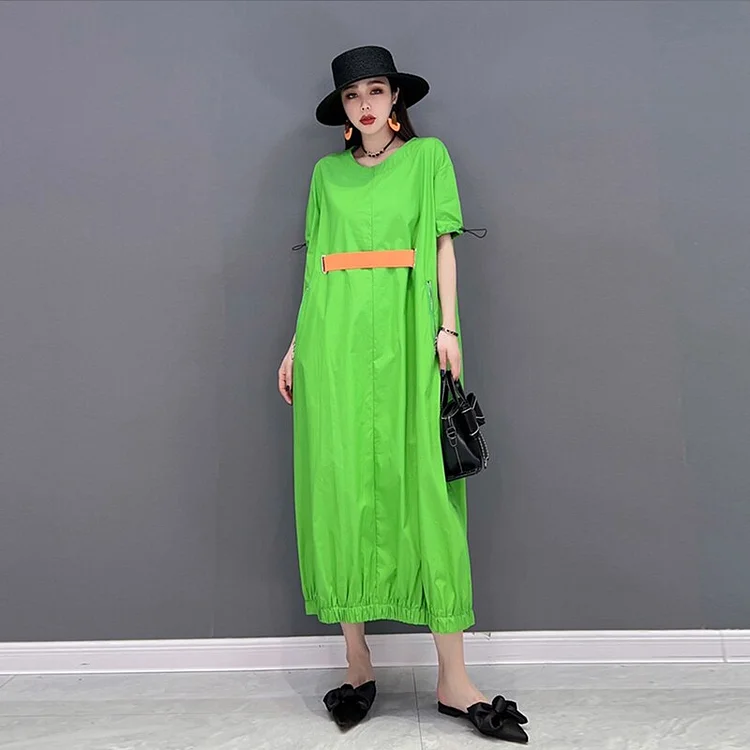 Stylish Solid Color O-neck Short Sleeve Pockets Dress