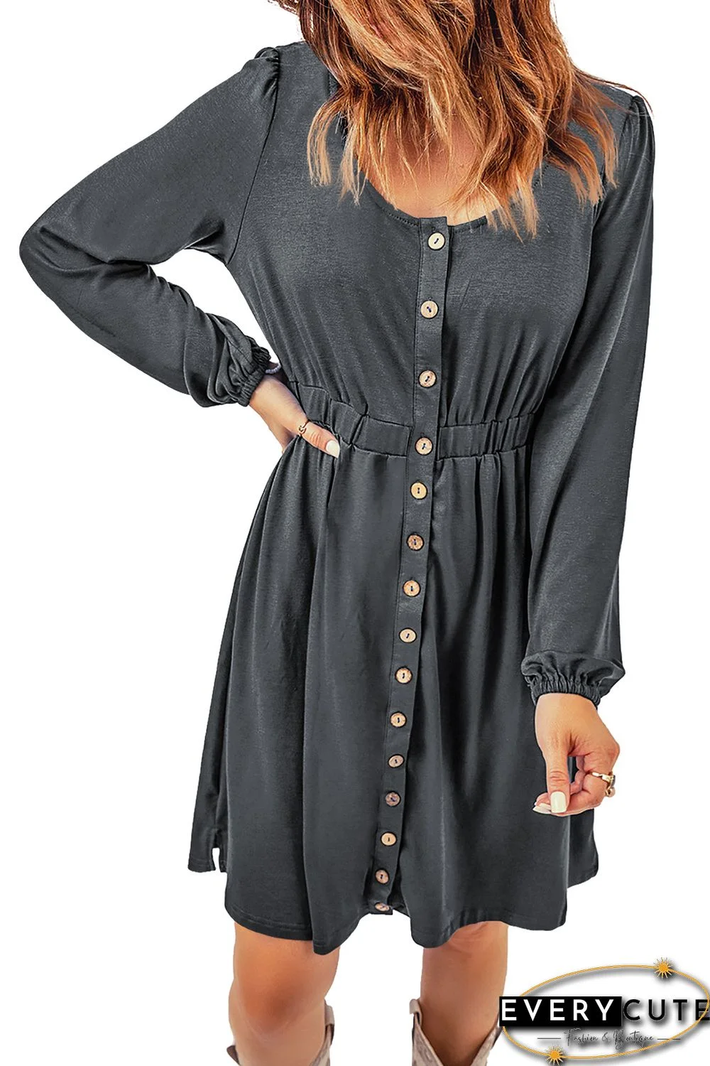 Gray Button Up High Waist Long Sleeve Dress