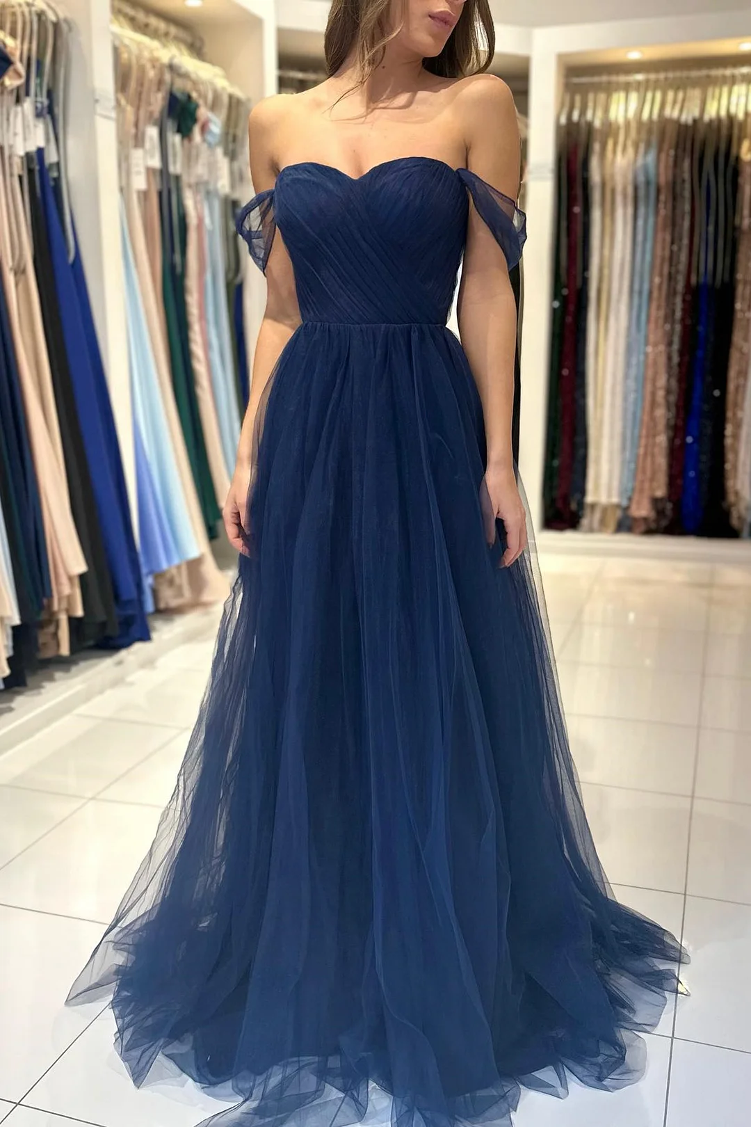 Bellasprom Dark Navy Off-The-Shoulder Sweetheart A-Line Prom Dress Tulle