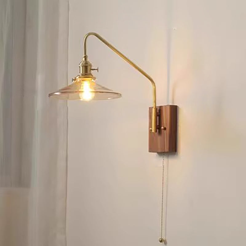 Traditional Vintage Disc Rectangular Base Glass Copper Walnut 1-Light Wall Sconce Lamp For Bedroom