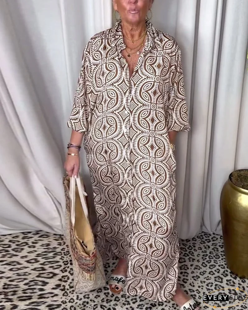 Vintage printed lapel pocket maxi dress