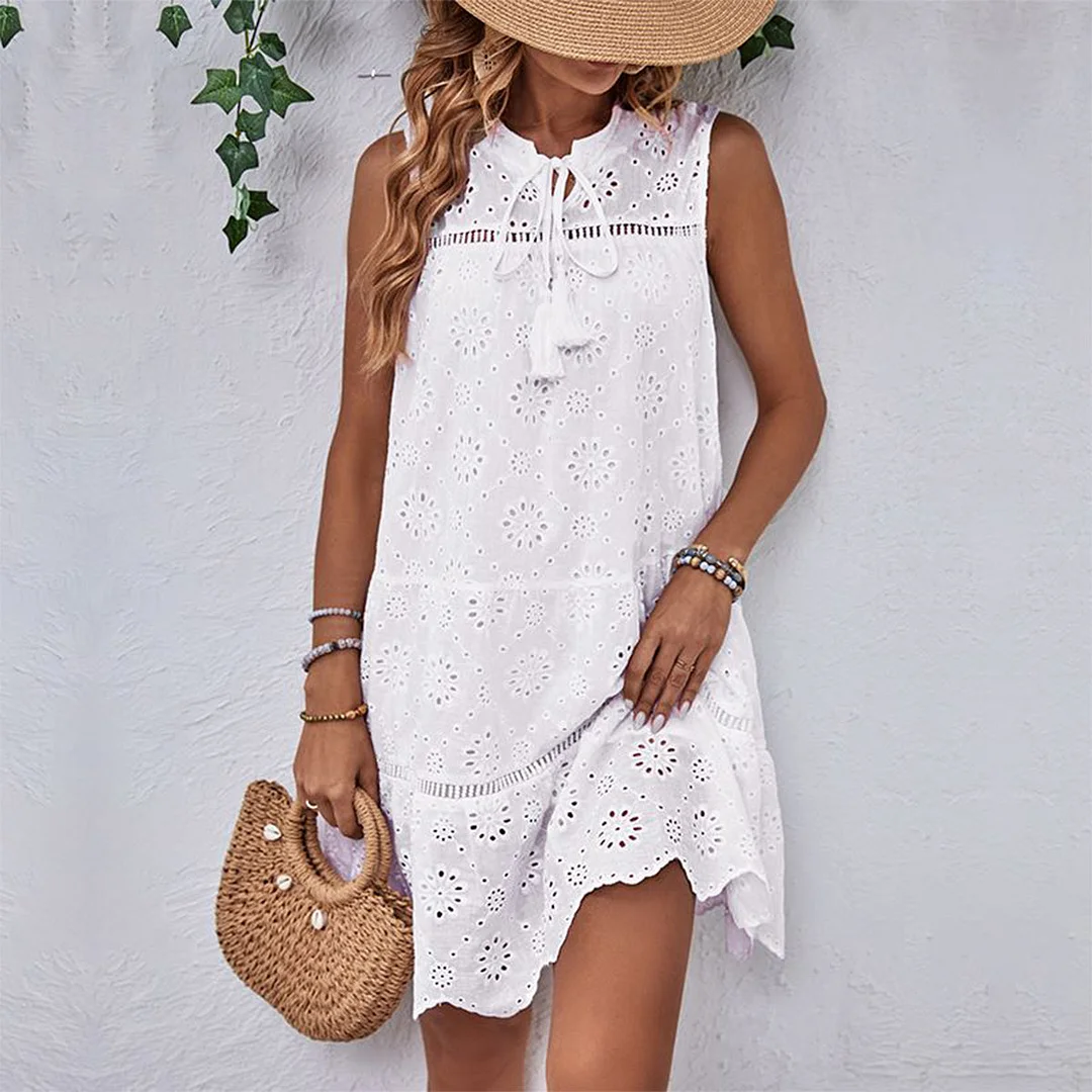 Solid Color Hollow Design Loose Style Dress