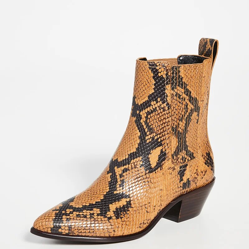 TAAFO Amber Snakeskin Woman Booties Pointed Toe Med Block Heels Ankle Boots Elastic Lady Shoes 