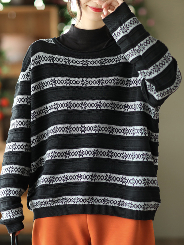 Artistic Retro Loose Long Sleeves Jacquard Round-Neck Sweater Tops BLACK-One_size