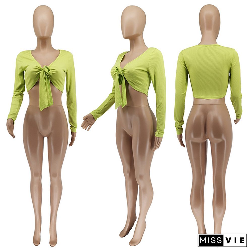 Summer New Arrivals Women Knitted Deep V-Neck Long Sleeve Sexy Solid Color Lace-Up Skinny Crop Tops