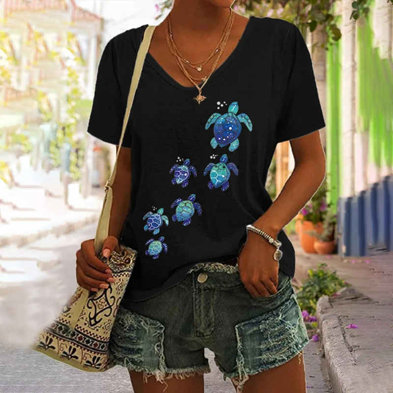 Turtle Print V Neck Short Sleeve T-Shirt