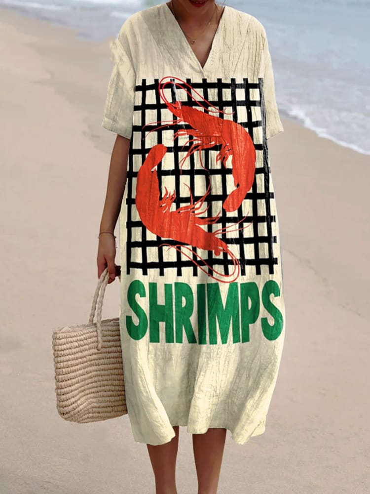 Women's Vintage Fish Shrimp Art Print Flowy Dress