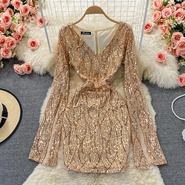 Flaxmaker Sexy Long Sleeve Waist V Neck Sequin Midi Dress