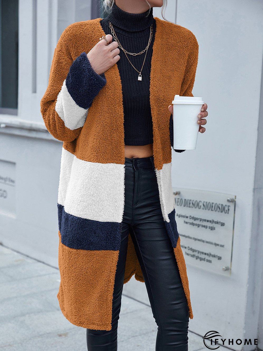 Woolen Cloth Color Matching Casual Loose Mid-length Ladies Coats | IFYHOME