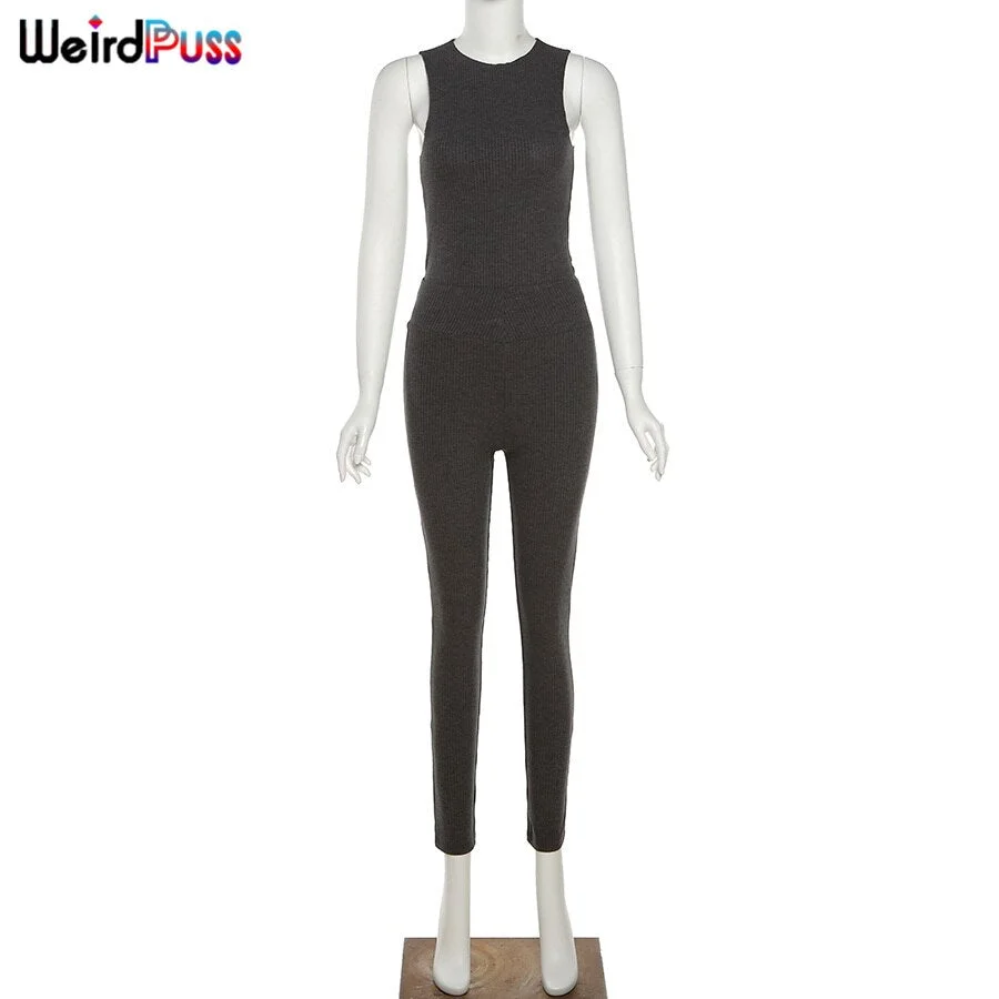 Weird Puss Ribbed 2 Piece Set Women Tracksuit Fitness Sleeveless Bodycon+Sporty Leggings Matching Casual Slim Streetwear Outfits