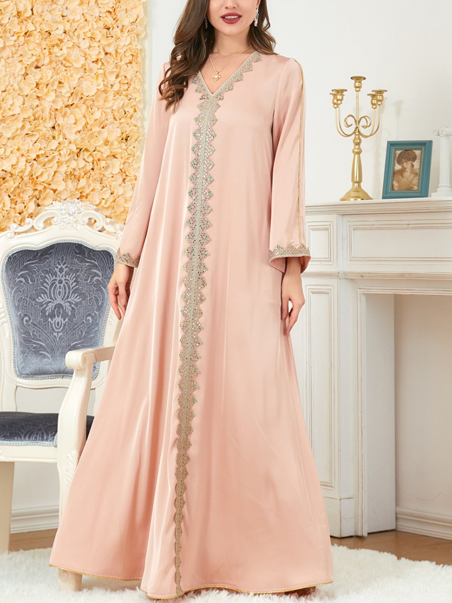 Pink Embroidery Printed V Neck Long Sleeve Loose Dress | Oxredo Shop Ramadan Sale