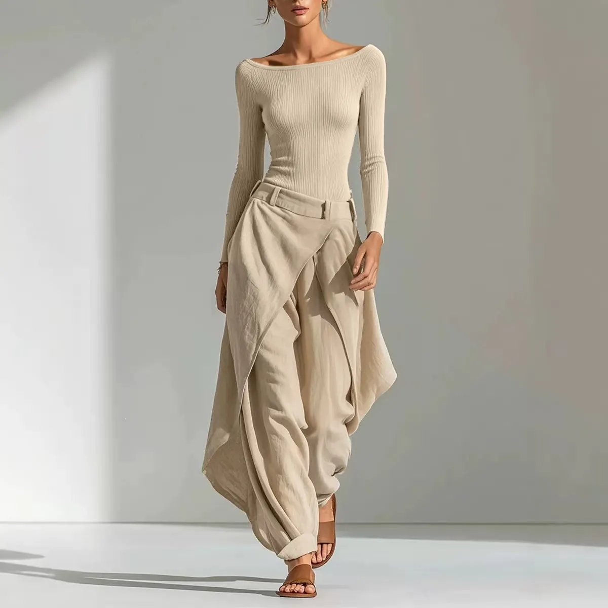 Women Off Shoulder Ribbed Knit Top & Irregular Wrap Harem Pants 2 Piece Outfit
